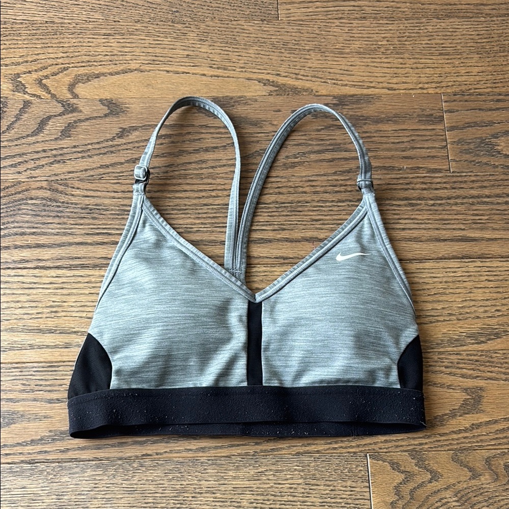 Nike Gray and Black Sports Bra with Racerback Design